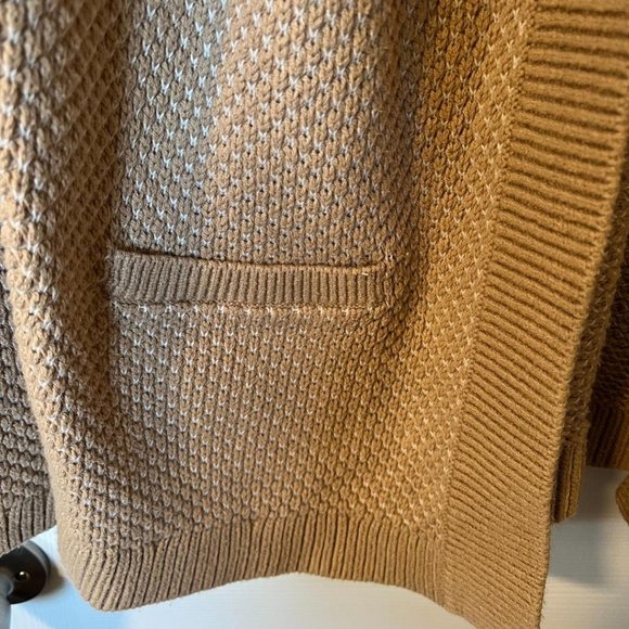 Lands' End Women's Open Front Camel and White Cardigan, Large - Picture 2 of 5